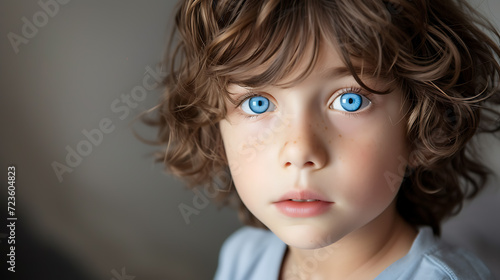 A captivating portrait of a charming young boy with tousled brown hair and wide, innocent blue eyes. His genuine smile exudes warmth and curiosity, capturing the essence of childhood innocen