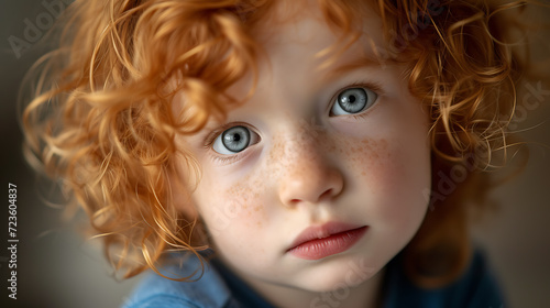 Adorable young child with voluminous ginger curls and captivating grey eyes looking curiously into the camera. Innocence and wonder beautifully captured in this portrait.