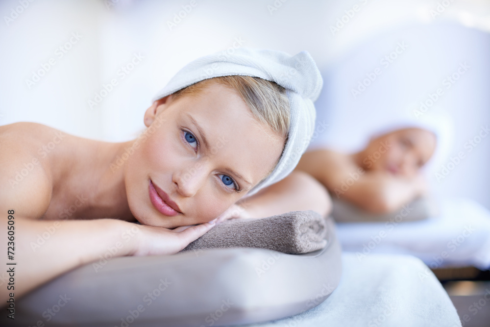 Spa, portrait and women lying on table for skincare, beauty and luxury treatment for wellness. People, relax and face of calm person on bed in salon or hotel for massage or dermatology care for body Spa, portrait and women lying on table for skincare, beauty and luxury treatment for wellness. People, relax and face of calm person on bed in salon or hotel for massage or dermatology care for body
