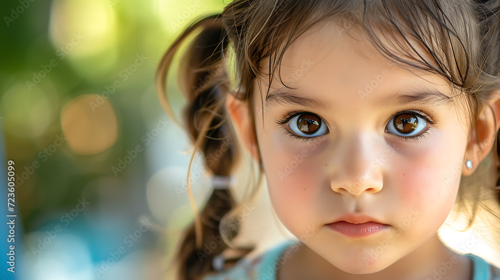 Adorable child with playful pigtails and captivating big brown eyes, radiating innocence and 