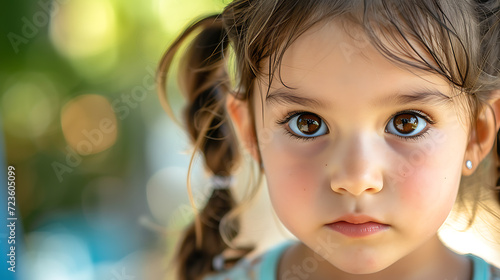 Adorable child with playful pigtails and captivating big brown eyes, radiating innocence and curiosity. The perfect portrait to capture the essence of childhood joy.