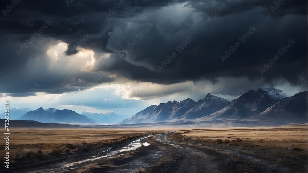 A dramatic stormy sky over a desolate landscape with distance mountains,clouds over the mountain 