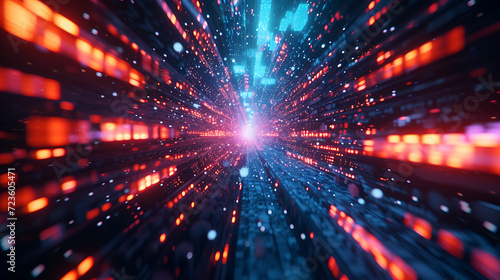 A mesmerizing and futuristic 3D abstract render showcasing a vibrant neon digital storm swirling and crackling in the depths of cyberspace. Transport yourself to this electrifying virtual re