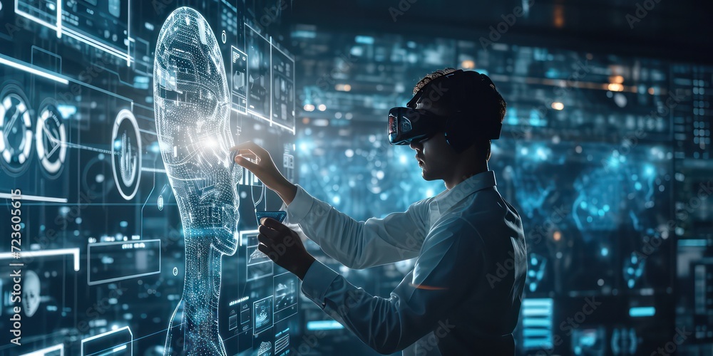 Engineer working in the digital realm of the future, harnessing the power of artificial intelligence for complex calculations and data analysis. Engineer working in the digital realm of the future, harnessing the power of artificial intelligence for complex calculations and data analysis.