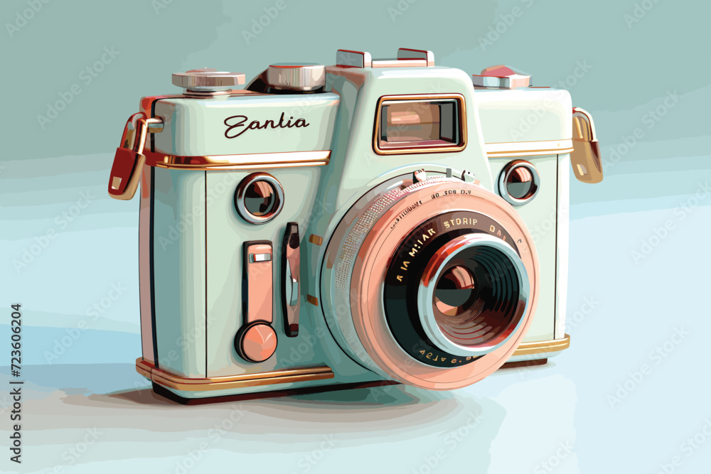 Retro camera isolated on a gray background. Close-up.