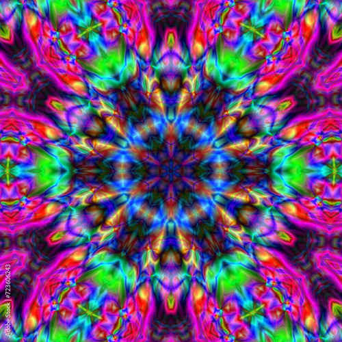 Fascinating kaleidoscope of colors that blend harmoniously, a vibrant show dynamics. Beautiful  colorful bokeh festive lights in kaleidoscope. Mosaic texture. Stained glass effect.