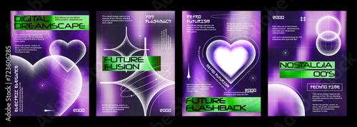 Modern trendy y2k style poster design template with gradient heart and twinkle shape on purple holographic liquid color background. Vector set of romantic banner or placard layout in 2000s aesthetic.