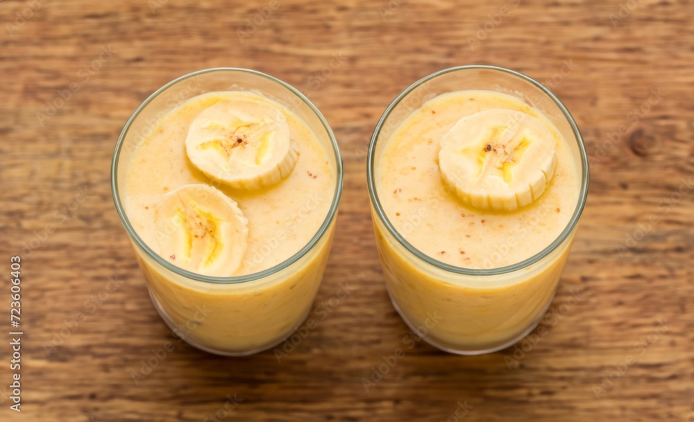 banana shake in a glass on wooden floor banana shake in a glass on wooden floor