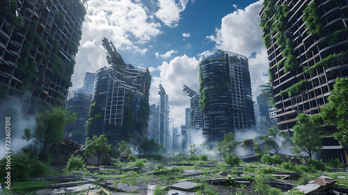 A hauntingly beautiful 3D rendering of a dystopian city reclaimed by relentless nature, where towering buildings crumble under the weight of ivy and trees. An eerie reminder of society's imp