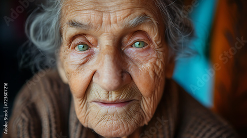 Captivating portrait of an elderly lady, her thinning grey hair adds character to her kind face. The wisdom in her gentle green eyes tells a lifetime of stories.