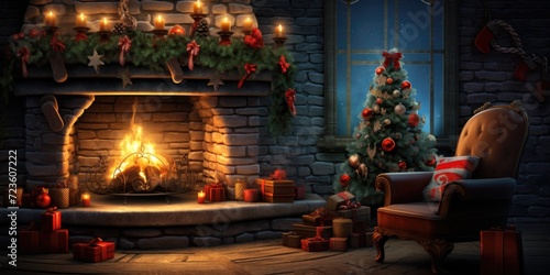 Cozy winter night with fireplace, Christmas decorations, and joyous holiday.
