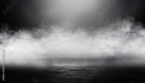 Abstract image of dark room concrete floor. Black room or stage background for product placement. Panoramic view of the abstract fog. White cloudiness, mist or smog moves on black background.