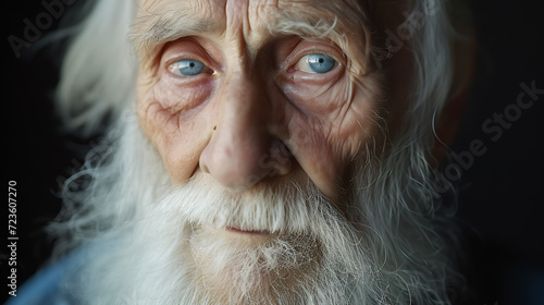 A wise and weathered elderly man with a full, majestic white beard and soulful deep eyes, radiating wisdom and experience. The lines on his face tell a story of a life well-lived, and his ge
