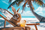 Photo of easter bunny on vacation on the beach with drink