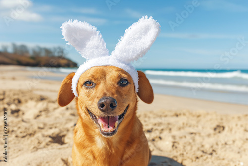 Photo of dog on vacetion wearing easter bunny ears photo