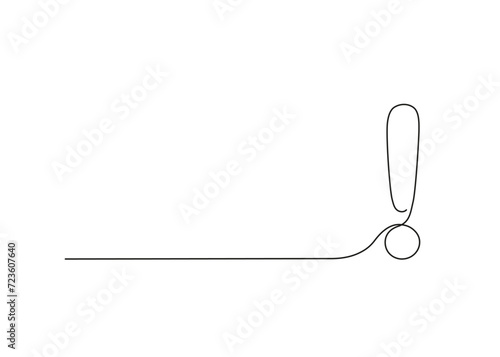 Exclamation mark, one line continuous drawing. Simple minimalism design style, linear background with exclamation sign. Warning, attention, danger, risk image message. Vector outline