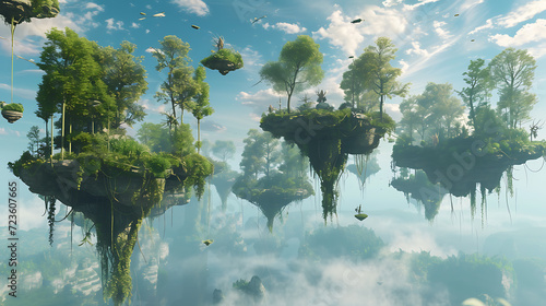 Step into a breathtaking 3D fantasy forest where ethereal floating islands hover above lush greenery. Encounter marvelous mythical creatures amidst vibrant flora  evoking a sense of enchantm