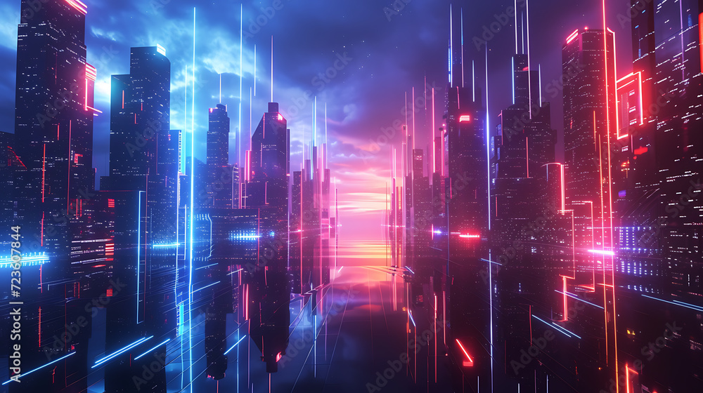 A mesmerizing, futuristic cityscape comes to life in this stunning 3D abstract render. Neon lights illuminate the sleek skyscrapers, casting a vibrant glow across the bustling metropolis. Pe