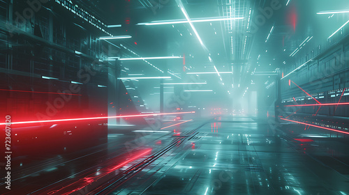 A stunning 3D rendered depiction of a futuristic battlefield, where dazzling laser beams illuminate the chaotic battleground. This abstract scene captures the intensity and high-tech warfare