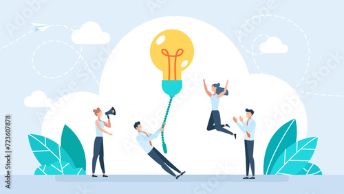 Businessman turns on light bulb. Turn on creativity, inspiration, new idea, solution or innovation to solve problem, enable knowledge or creativity concept. Happy tiny characters. Vector illustration