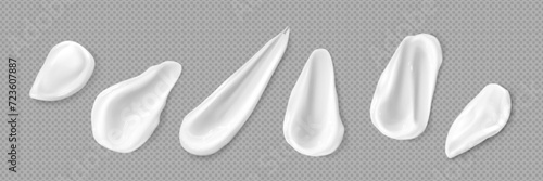 Set of scrub cream swatches isolated on transparent background. Vector realistic illustration of cosmetic skin care product, smear of creamy texture substance with scrubbing particles, body cleanser