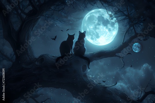 black cat and high full moon halloween background anime style photo