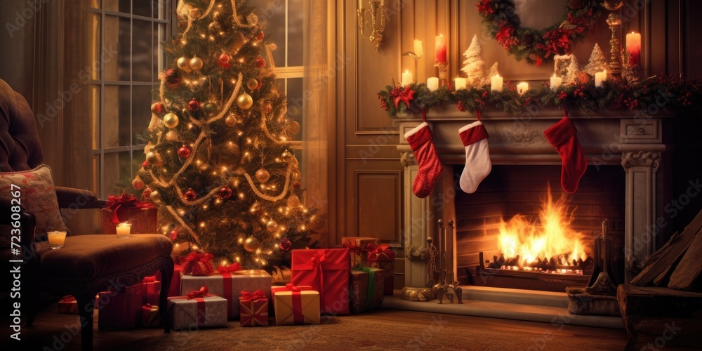 Cozy Christmas room with a decorated tree, gifts, candles, and a fireplace.