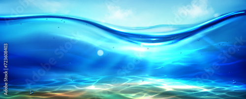 Sea bottom view under blue sky. Vector realistic illustration of underwater background, sunlight rays penetrating ocean, river, lake water, air bubbles in aqua, waterline with transparent clear waves