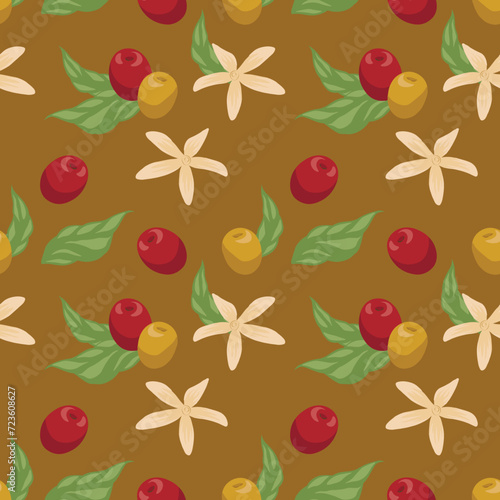 Seamless pattern with berries and coffee flowers.