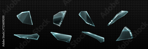 Broken glass shatter and piece. Realistic vector illustration set of explode mirror shard fragment. flying transparent sharp debris elements of smithereens beaten crystal or ice on dark background. photo