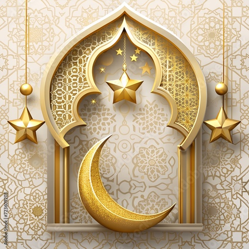 Ramadan Kareem vector card with 3d golden metal crescent and stars. Arabic style arch in beige color with traditional pattern. Copy space. photo