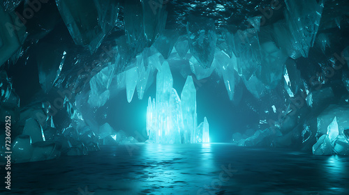 Explore the mesmerizing beauty of an otherworldly ice cave adorned with radiant, glowing crystals. This captivating 3D abstract render features a cool and ethereal landscape that adds a sens