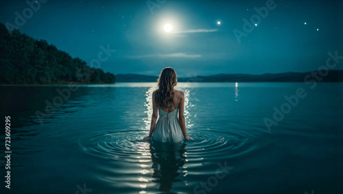 beautiful woman relaxing with a bath in the lake at night photo