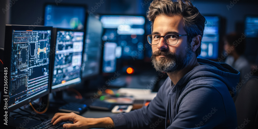 Fototapeta premium portrait of Computer Systems Engineer-Architect. Design & develop solutions to complex applications problems, system administration issues, network concerns. Perform systems management and integration