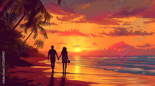 A breathtaking moment captured as a romantic couple strolls along the picturesque shoreline, their hands tightly intertwined, basking in the warm, golden hues of a spectacular sunset. Love,