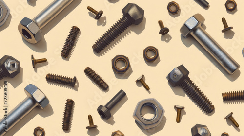 Screws, nuts, cogs, bolts pattern on a beige background. photo