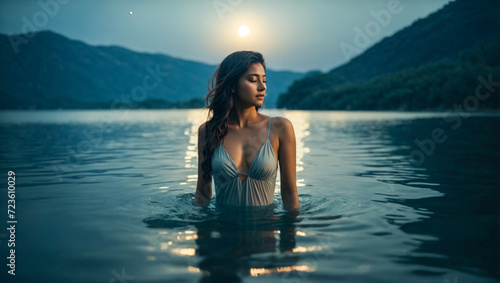 beautiful woman relaxing with a bath in the lake at night © The A.I Studio