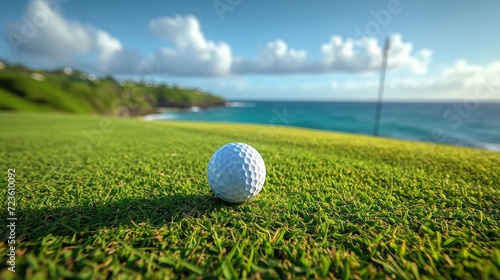 Close-up of a luminous golf ball on a tee against a tropical backdrop
