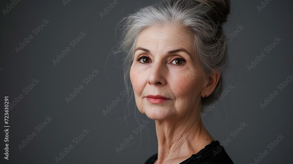 Serene and elegant, this captivating portrait showcases an older woman with her silver hair gracefully tied in a neat bun. Her soft, kind eyes reflect a wisdom honed by a lifetime of experie