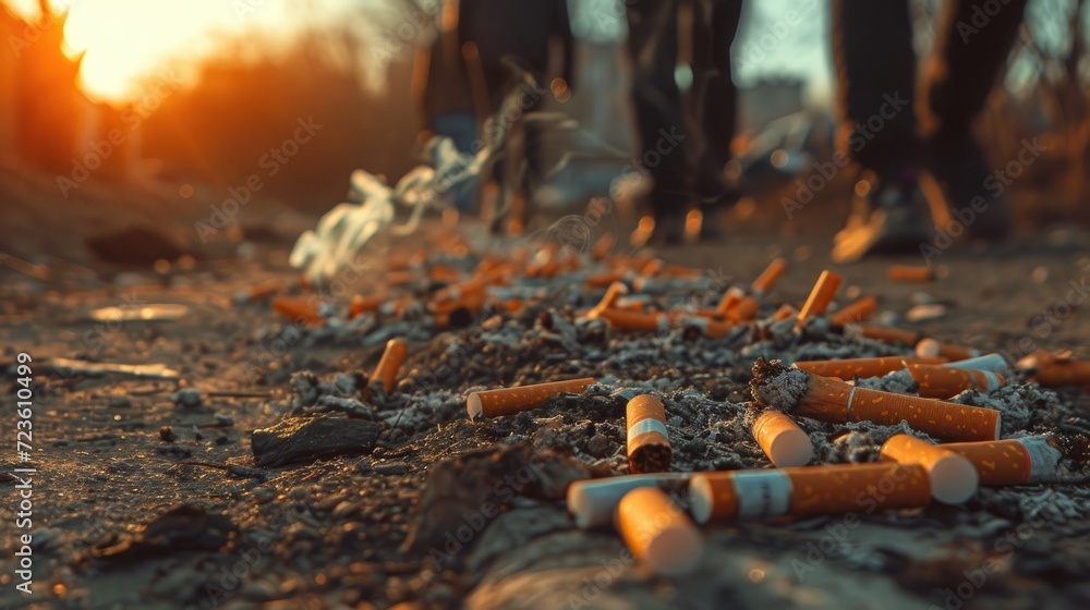 Image showing cigarette butts casually discarded along the roadside. Image showing cigarette butts casually discarded along the roadside.