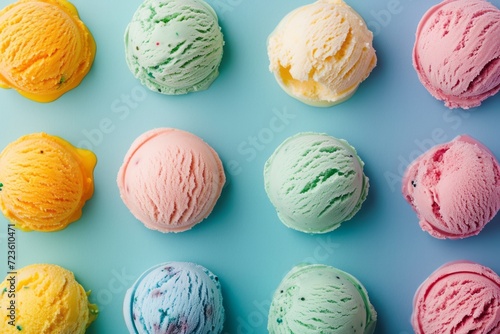 Assorted colorful ice cream scoops on blue background. photo