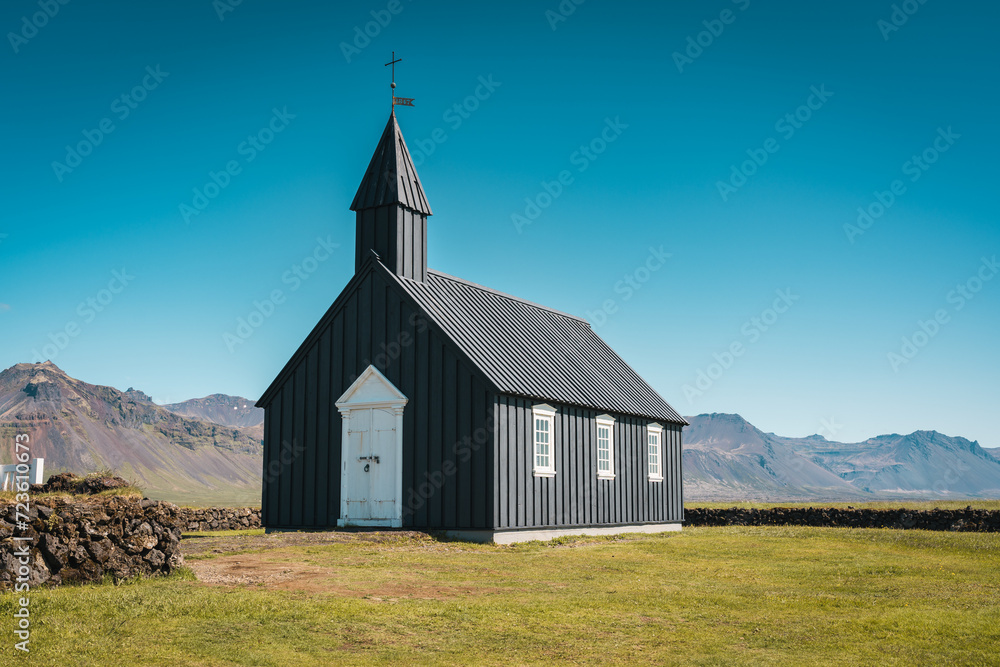 Budakirkja is the famous black church in summer at Iceland