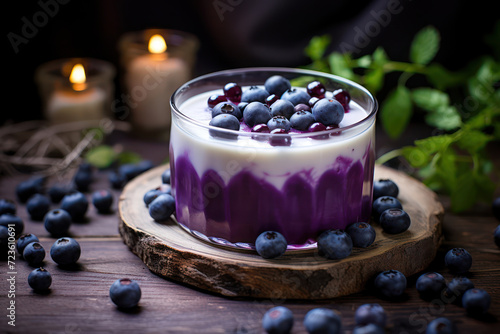 Panna cotta with a blueberry jelly top layer  in a round glass  on a rustic wooden table with blueberries scattered around