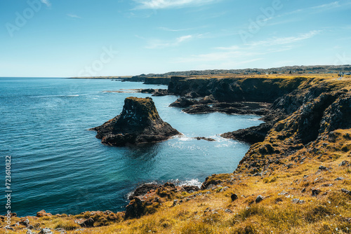 Natural basalt rock formation on coastline in Arnarstapi fishing village at Snaefellsnes peninsula