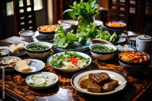 A table filled with a variety of Asian dishes and ingredients