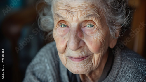 An elderly lady exuding grace and wisdom, her thinning grey hair framing her gentle green eyes, reflecting a lifetime of experiences.