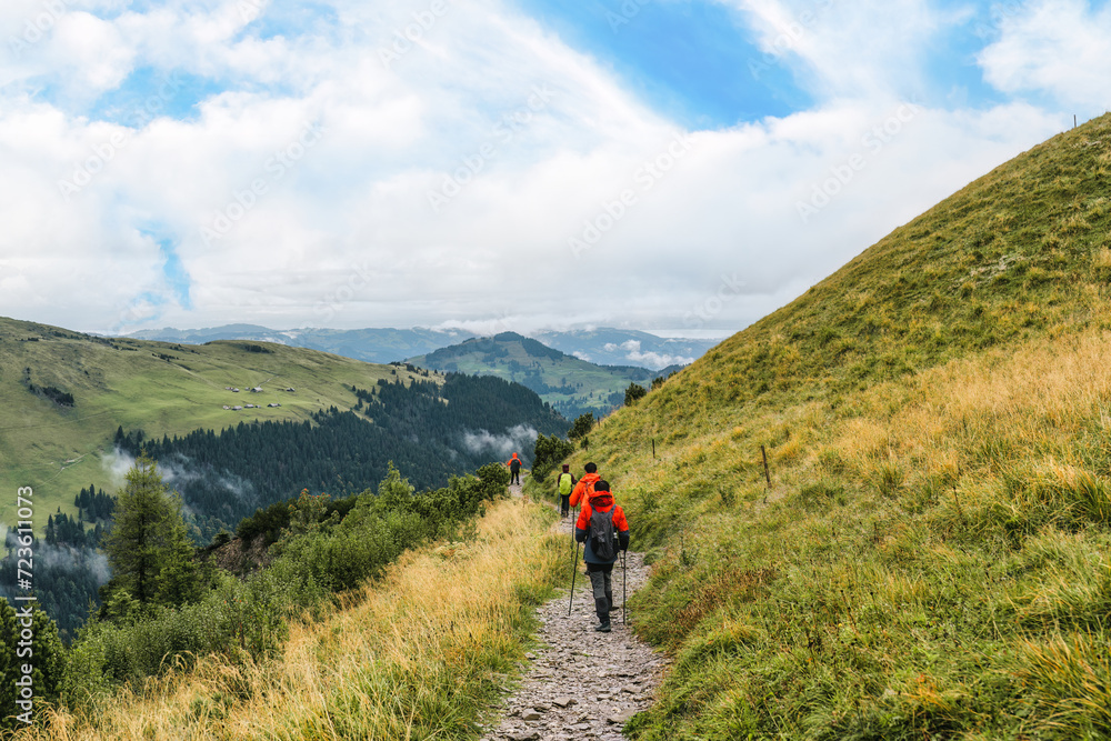 Group of hiker hiking on Swiss Alps trail during summer at Switzerland