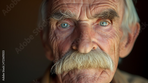 A captivating portrait of an elderly man exuding elegance and wisdom, his distinguished handlebar mustache complements his piercing grey eyes.
