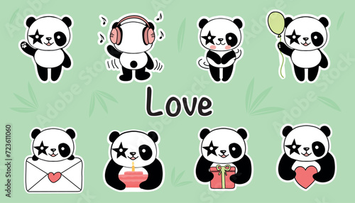 Cute panda stickers for Valentine s Day. The concept of love. Illustration on a green background.