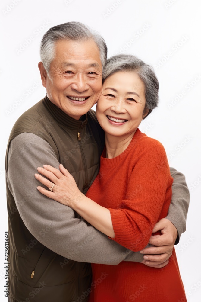 An elderly couple smiling and embracing each other in front of a white background. An elderly couple smiling and embracing each other in front of a white background.